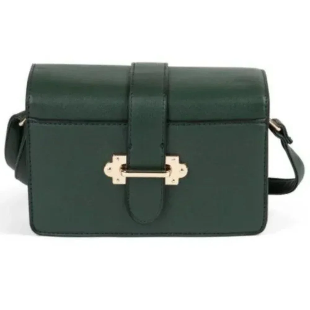 Deep Forest Green Vegan Leather Crossbody Satchel with Clasp - Picture 2 of 3